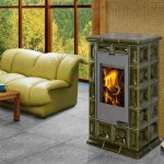 Metal stoves are lined with tiles, mosaics, stones